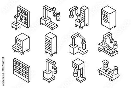 Isometric icons of industrial robots and automation equipment.