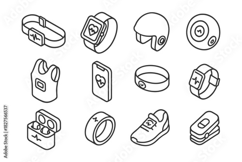 Smart wearable technology icons: fitness trackers and health devices.