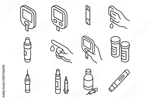 Diabetes management icons set - glucose meter, insulin pen, syringe, blood drop.
