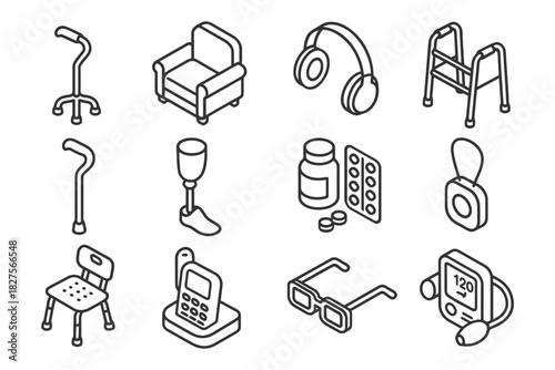 Isometric icons of assistive devices and healthcare equipment.