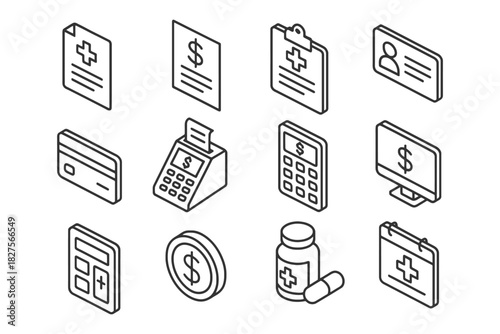 Isometric healthcare and finance icons: medical, payment, insurance, prescription, billing.