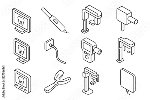 Isometric dental equipment icons: monitors, scanners, x-ray machines, mouth guard.