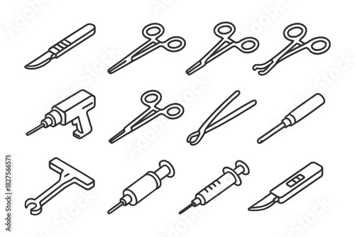 Collection of surgical and medical instruments in line art style.
