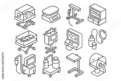 Isometric medical icons set featuring hospital equipment and devices in line art style.