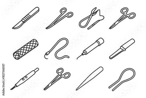 Set of monochrome surgical instruments icons including scalpel and scissors.