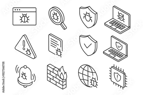 Computer security icons: virus, firewall, shield, warning, protection.