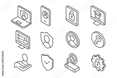 Isometric icons representing online security and profile management.