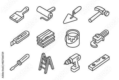 Set of construction tools: brush, roller, trowel, hammer, cutter, wood, paint, wrench, screwdriver, ladder, drill, level.
