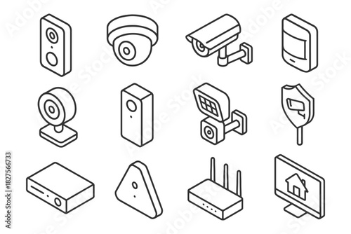 Set of various home security devices in outline style.