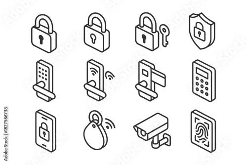 Isometric security icons set featuring locks, cameras, devices, and biometrics.