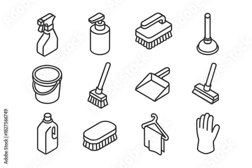 Set of cleaning tools icons: brushes, plunger, bucket, gloves, hanger, soap dispenser.