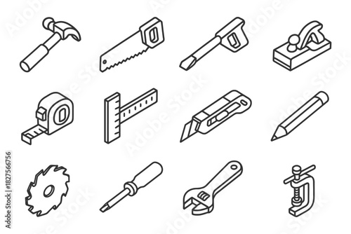 Set of hand tools icons: hammer, saw, screwdriver, tape measure, wrench, and more.