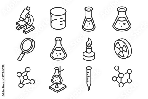 Science icons: microscope, beakers, magnifying glass, burner, atoms, test tubes.