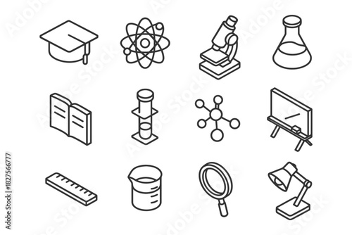 Education science icons: microscope, molecule, beaker, ruler, magnifier, lamp.