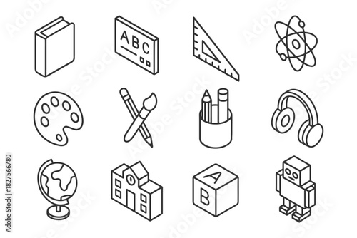 Education icons set: book, atom, palette, globe, school, robot, headphones, block.