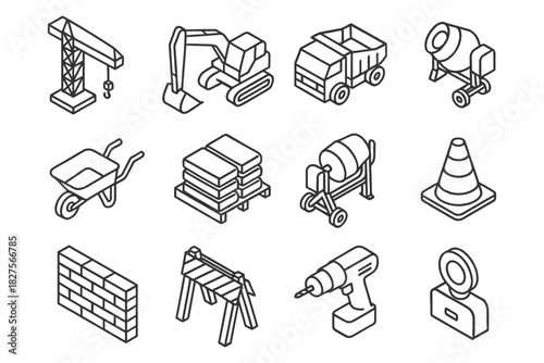 Isometric construction tools and machinery icons set.