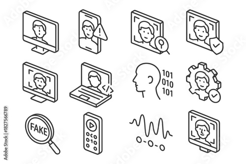 Icon set depicting deepfake technology and digital security concepts.
