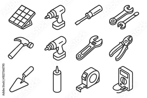 Outline icons of construction tools including drill, wrench, hammer, and tape.