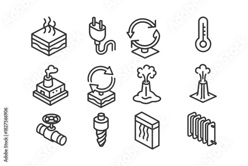 Energy and heating icons set featuring plug thermometer and volcano.