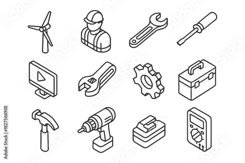 Vector icons of tools and equipment in construction and engineering.