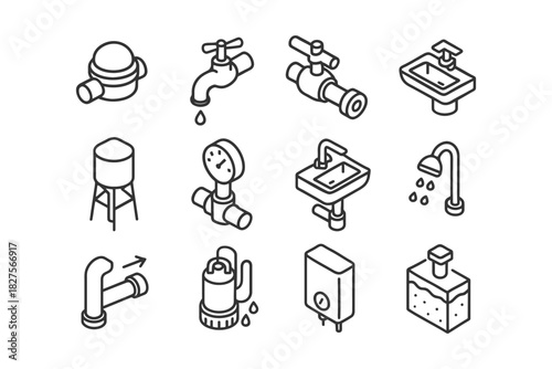 Plumbing icons set featuring faucets, pipes, valves, and fixtures.