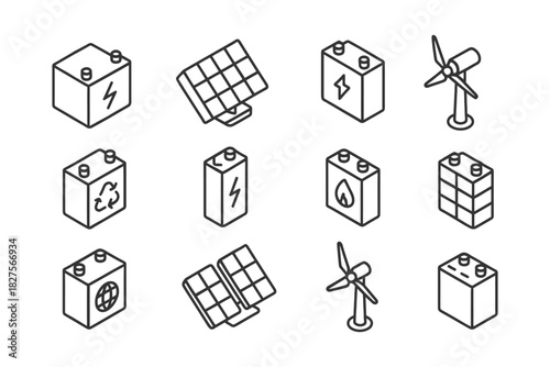 Isometric icons of energy sources: batteries, solar panels, wind turbines.