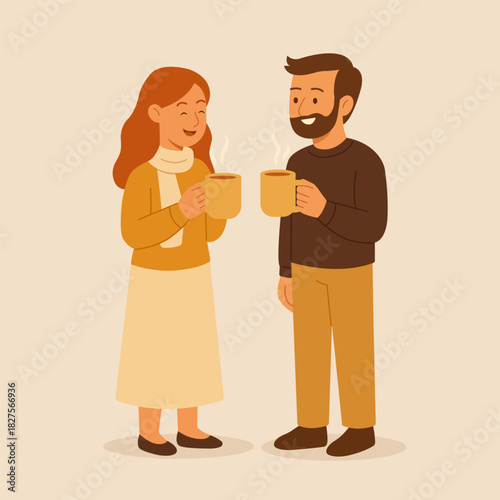 Two people enjoying hot coffee together, sharing a friendly moment in winter clothing. Warm mood, relaxed atmosphere.