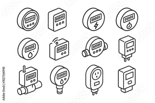 Isometric utility meters icons set: gas, water, electricity, digital, analog designs.