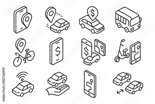 Transportation icons set featuring cars, bicycles, buses, scooters, and mobile navigation.