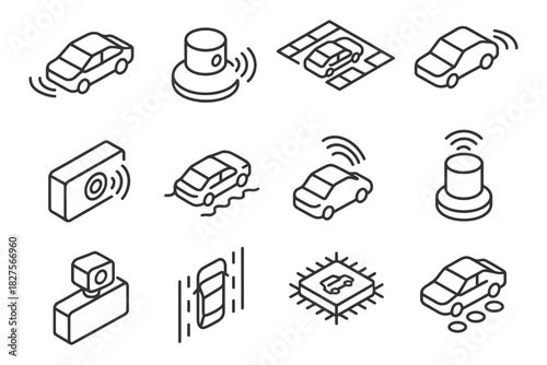 Autonomous vehicle technology icons featuring sensors and navigation.