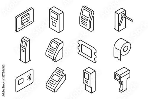 Contactless payment icons set: credit cards, terminals, nfc technology elements.