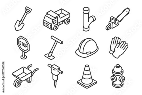 Construction tools and equipment icons collection in black outline style.