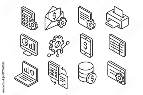 Financial technology icons: calculator, envelope, graphs, computer, database, and gear.