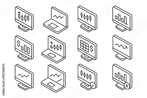 Isometric line art of laptops with financial charts and graphs displayed on monitors.
