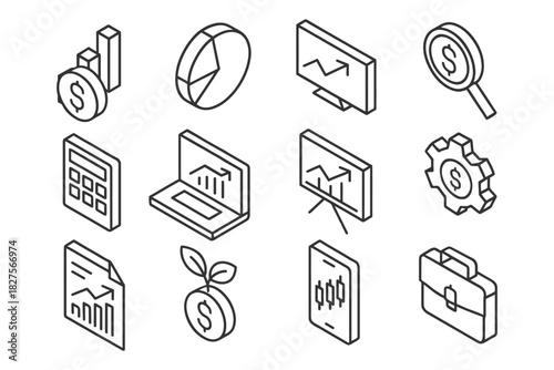 Set of line art icons representing business and finance concepts.