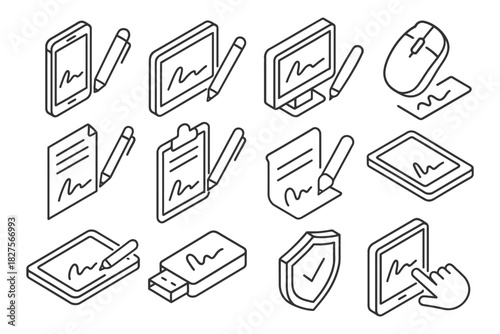 Isometric digital signature icons with devices and accessories.