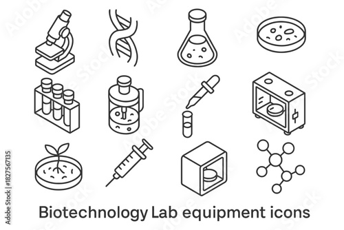 Biotechnology lab equipment icons: microscope, petri dish, test tubes, dna, molecule.