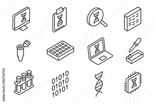Dna and genetic research icons: computer, microscope, test tubes, binary code, chip, helix.