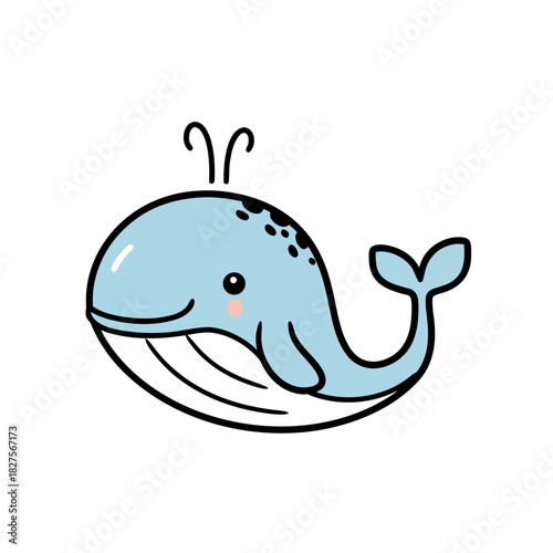 Cute blue whale illustration with red fluke and white belly swimming in wavy blue ocean water vibrant and playful cartoon style depiction of marine life