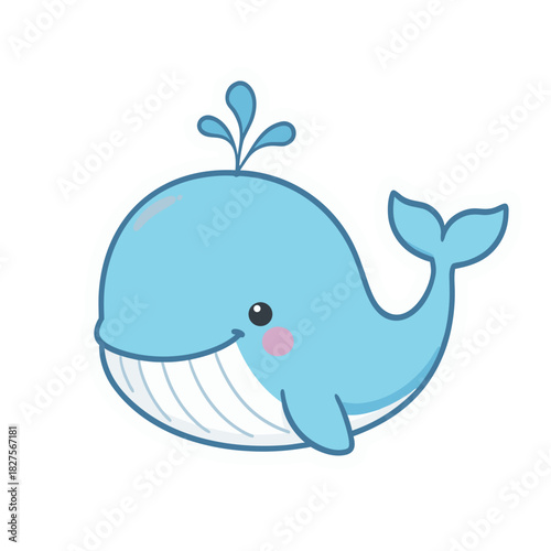Cute cartoon blue whale spouting water with a happy expression and pink cheeks, isolated on white background, playful marine life illustration