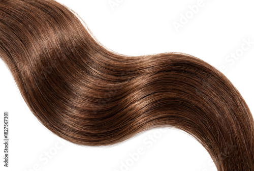 Wavy lock of shiny brown hair curving on white background, beauty concept for salon color, haircare advertising and product packaging mockup