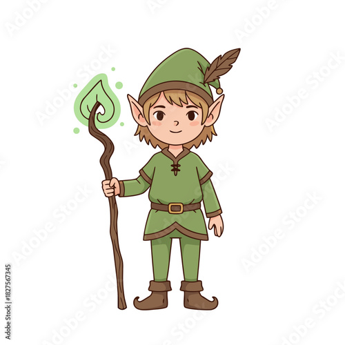 Cute cartoon style wizard apprentice boy with pointed ears wearing a green cloak and hat holding a glowing magical wand with green energy radiating from it against a black background