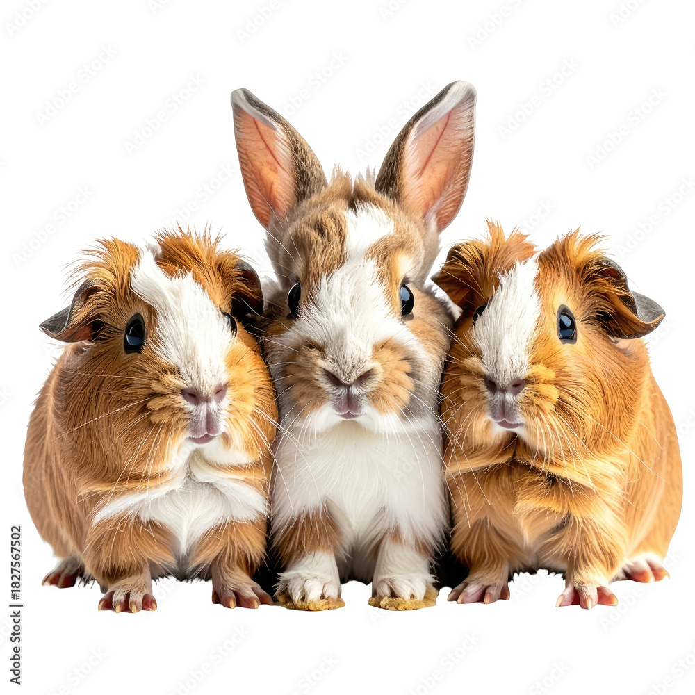 Fototapeta premium Bunny, Guinea pigs together. Small animal friends, posing
