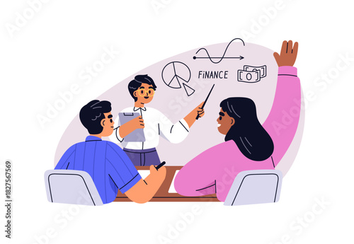 Finance education and financial literacy concept. School kids learning, studying, teaching about money at economics lesson in classroom. Flat vector illustration isolated on white background