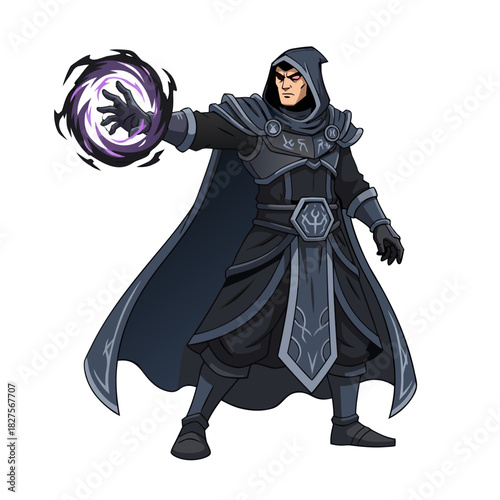 Dark Wizard Casting Spell With Purple Energy In Pixel Art Style A Mysterious Figure In A Hooded Robe Conjures A Swirling Orb Of Dark Magic