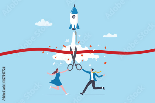 Launching company start new business, begin entrepreneur business or enterprise company founder, corporate or startup rocket project, businessman cutting ribbon to start company rocket launching.