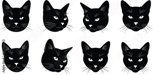 Cat head silhouettes set isolated on white background