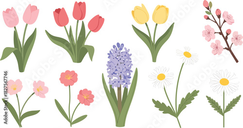 Cute spring garden flower collection in pastel flat vector style, ideal for greeting cards, stickers, and seasonal design