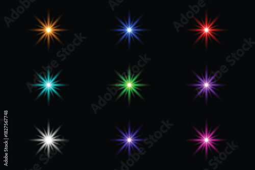 Collection of vibrant starburst light flare effects in multiple colors