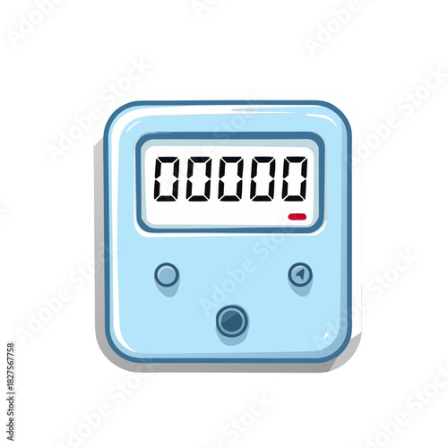 Digital Counter Device With A Number Display Showing Zero In A Flat Vector Art Style With A Light Blue Color Scheme And Sticker Border